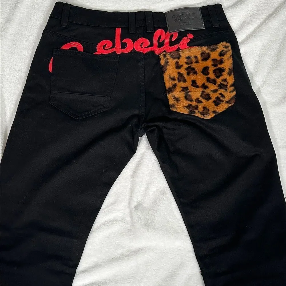 Rage of a Rebellion men's jeans with leopard print faux fur panels.